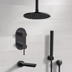 Black Tub and Shower Faucet Set with Handheld and Ceiling Shower Head